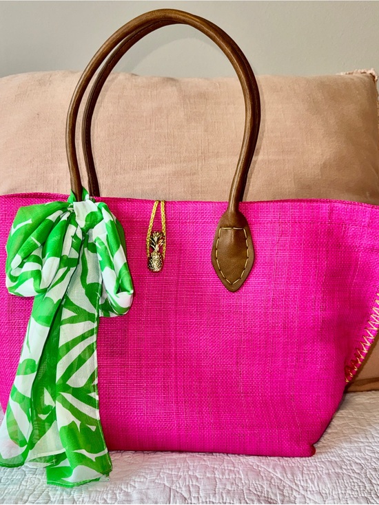 Lilly Pulitzer for Target Handbags - Lilly Pulitzer for Target Hot Pink Straw Tote with Brown Handles & Green Scarf